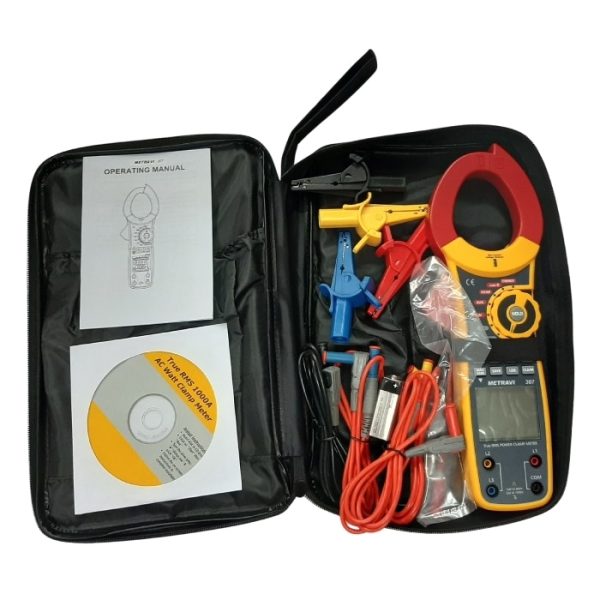 Metravi 307N Digital Clamp On Power Meter product kit with carry case