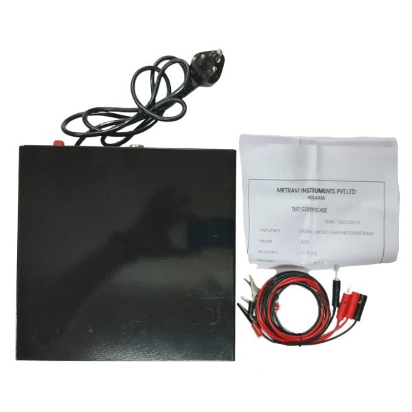 Metravi 53C 1A Micro Ohms Meter top view and accessories
