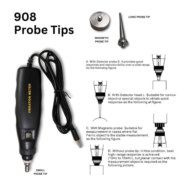Metravi 908 Portable Vibration Meter New 2024 Probe Tips