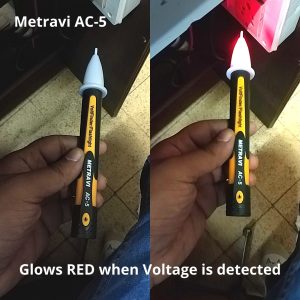 Metravi AC-5 Non-contact Voltage Tester glows red and beeps when it detects voltage