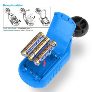 Metravi AVM-01 Digital Mini Anemometer battery compartment and insertion