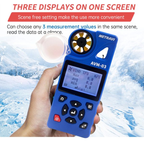 Metravi AVM-03 Multifunction Anemometer with Datalogger and WiFi USB Interface can display 3 measurement values simultaneously on the screen