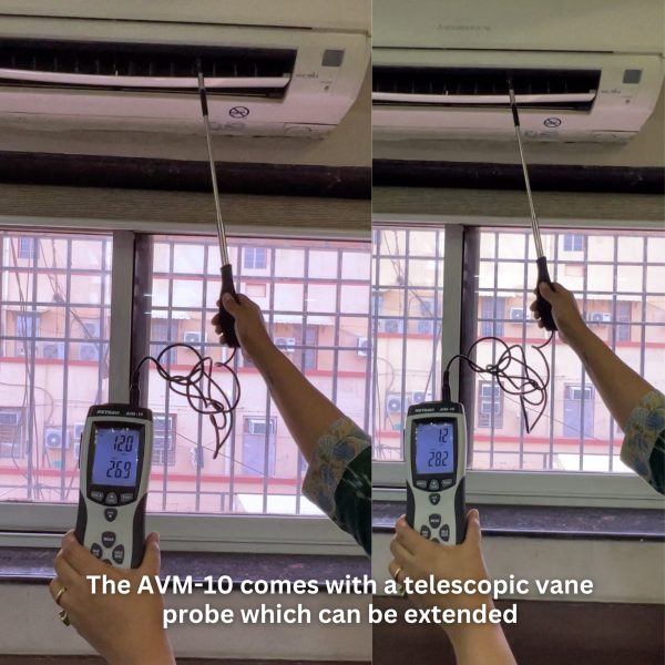 Metravi AVM-10 Hot Wire Anemometer with USB Interface has a thin telescopic vane probe