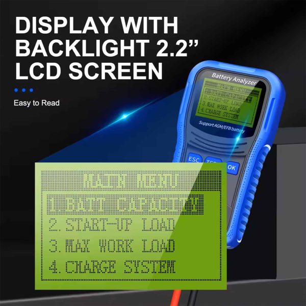 Metravi BT-200 Battery Analyser features a backlit clear LCD display