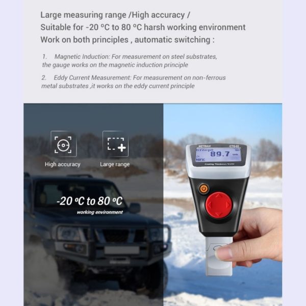 Metravi CTG-02 Coating Thickness Gauge with auto selection between eddy current and magnetic induction and operating temperatures -20 to 80 degrees Celsius