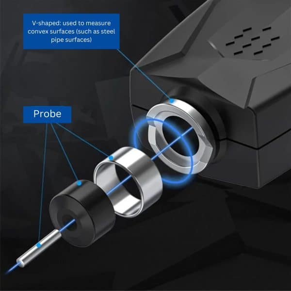 Metravi CTG-11 ECO Coating Thickness Gauge features a high accuracy probe set in a v shaped frame for ease of measuring on convex