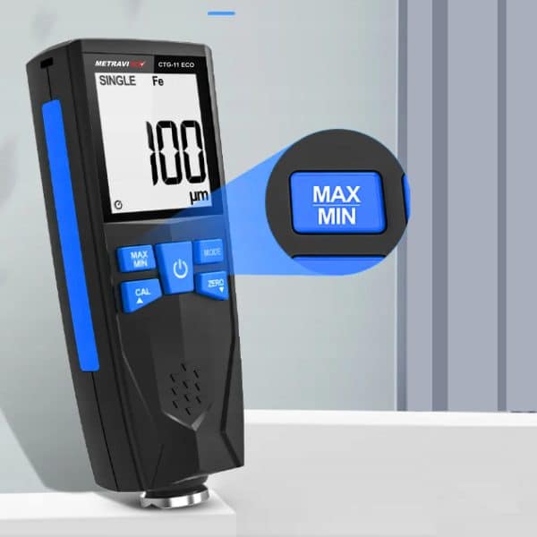 Metravi CTG-11 ECO Coating Thickness Gauge shows Max Min values