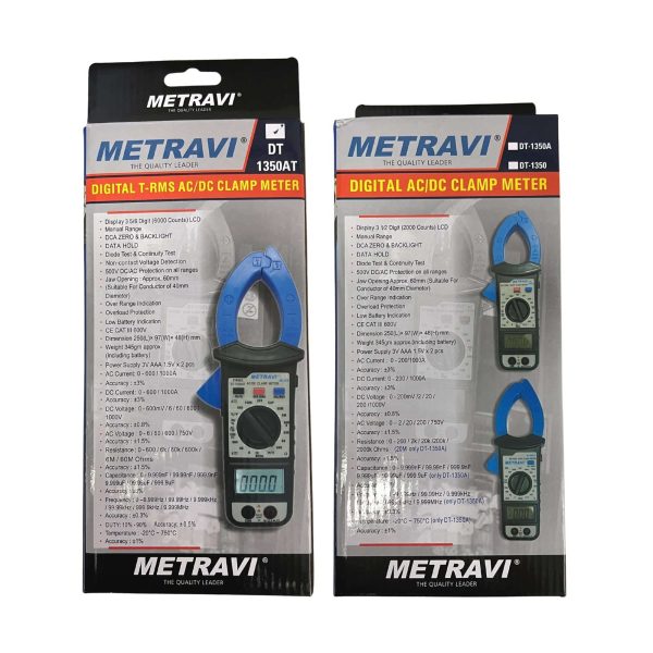 Metravi DT-1350AT Digital TRMS ACDC 6000 Clamp Meter product box and specifications