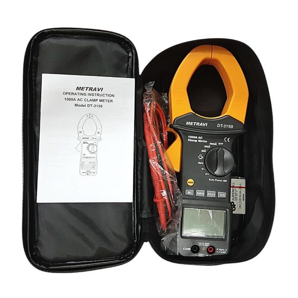 Metravi DT-3150 Digital AC Clamp Meter product kit with carry case