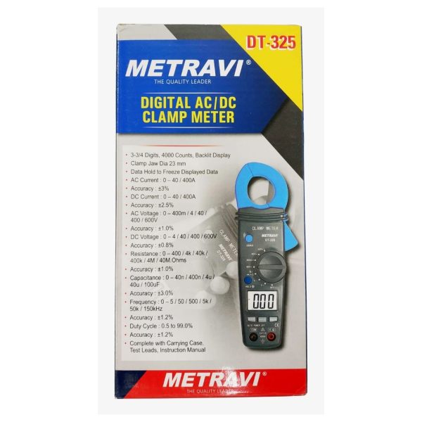 Metravi DT-325 Digital AC DC Clamp Meter product box with specifications and features