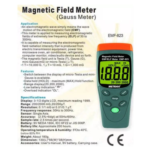 Metravi EMF-823 Magnetic Field EMF ELF Meter specifications