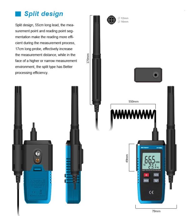 Metravi HT-305A Temperature and Humidity Meter comes with a separable extendable probe