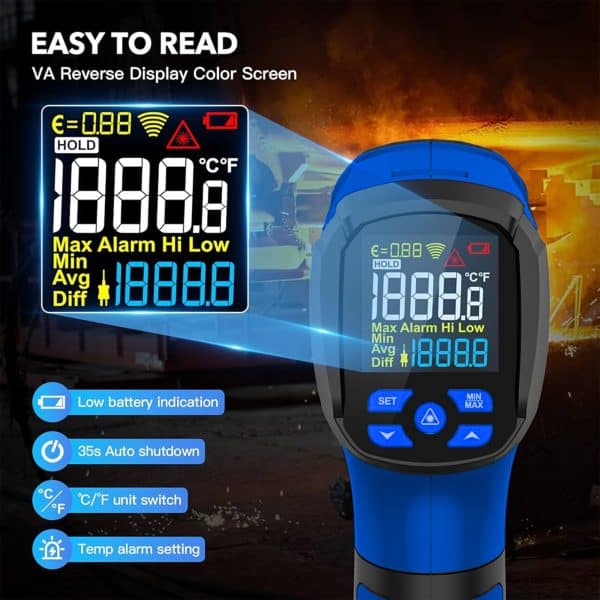 Metravi MT-12 ECO MT-17 ECO MT-18 ECO Industrial Non-contact Infrared Thermometers feature a reverse colour HD display