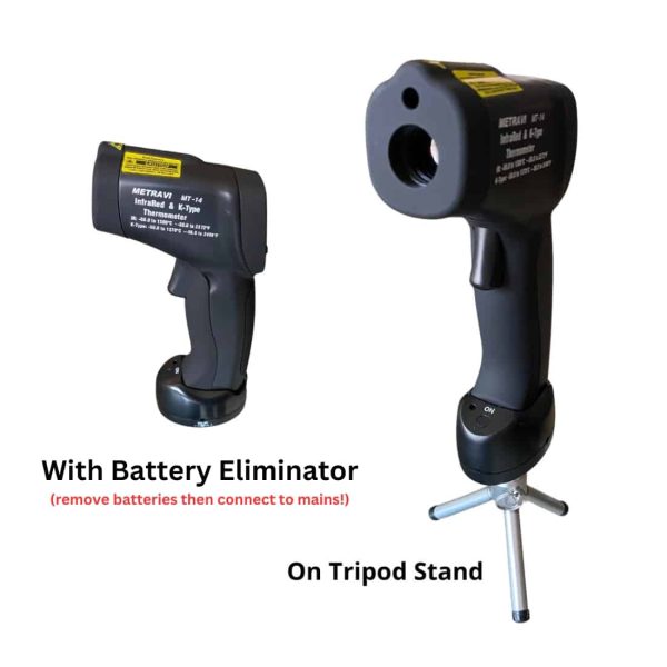 Metravi MT-14 Non-contact cum Contact Infrared Thermometer comes with a tripod stand and can also operate on mains using a battery eliminator
