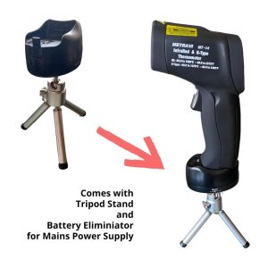 Metravi MT-14 Non-contact cum Contact Infrared Thermometer comes with a tripod stand and can also operate on mains using a battery eliminator