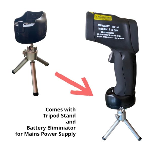 Metravi MT-14 Non-contact cum Contact Infrared Thermometer comes with a tripod stand and can also operate on mains using a battery eliminator