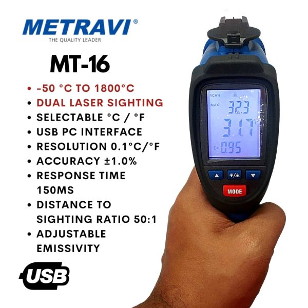 Metravi MT-16 Digital Non-contact Infrared Thermometer Pyrometer