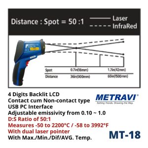 Metravi MT-18 Non-contact Infrared Industrial Thermometer Pyrometer for 2200°C with USB Interface and contact temperature facility
