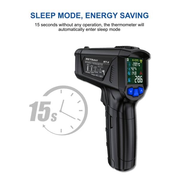 Metravi MT-8 2025 Model Industrial Non-contact Infrared Thermometer fetaures auto power off and sleep modes