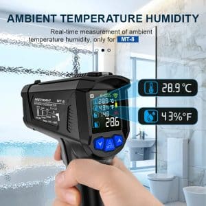 Metravi MT-8 2025 Model Industrial Non-contact Infrared Thermometer has a multi display which shows ambient temperature and humidty too