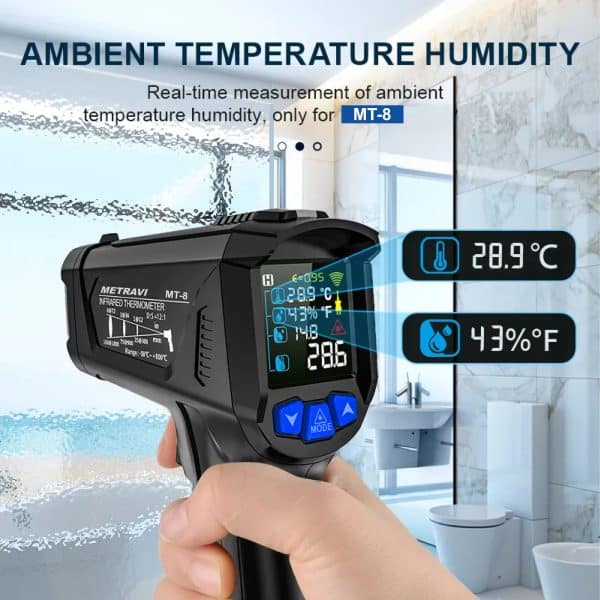 Metravi MT-8 2025 Model Industrial Non-contact Infrared Thermometer has a multi display which shows ambient temperature and humidty too