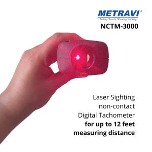 Metravi NCTM-3000 Contact cum Non-contact combined Digital Tachometer can measure from up to 12 feet with non-contact laser measurement