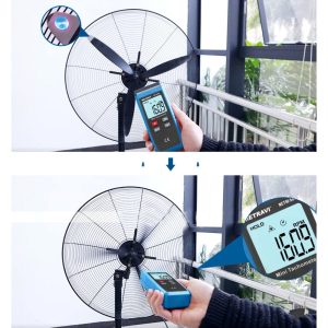 Metravi NCTM-500 Digital Non-contact Tachometer uses reflective tape to measure RPM