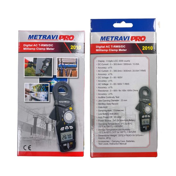 Metravi PRO 2010 TRMS AC DC Leakage Current Clamp Meter box packing and features