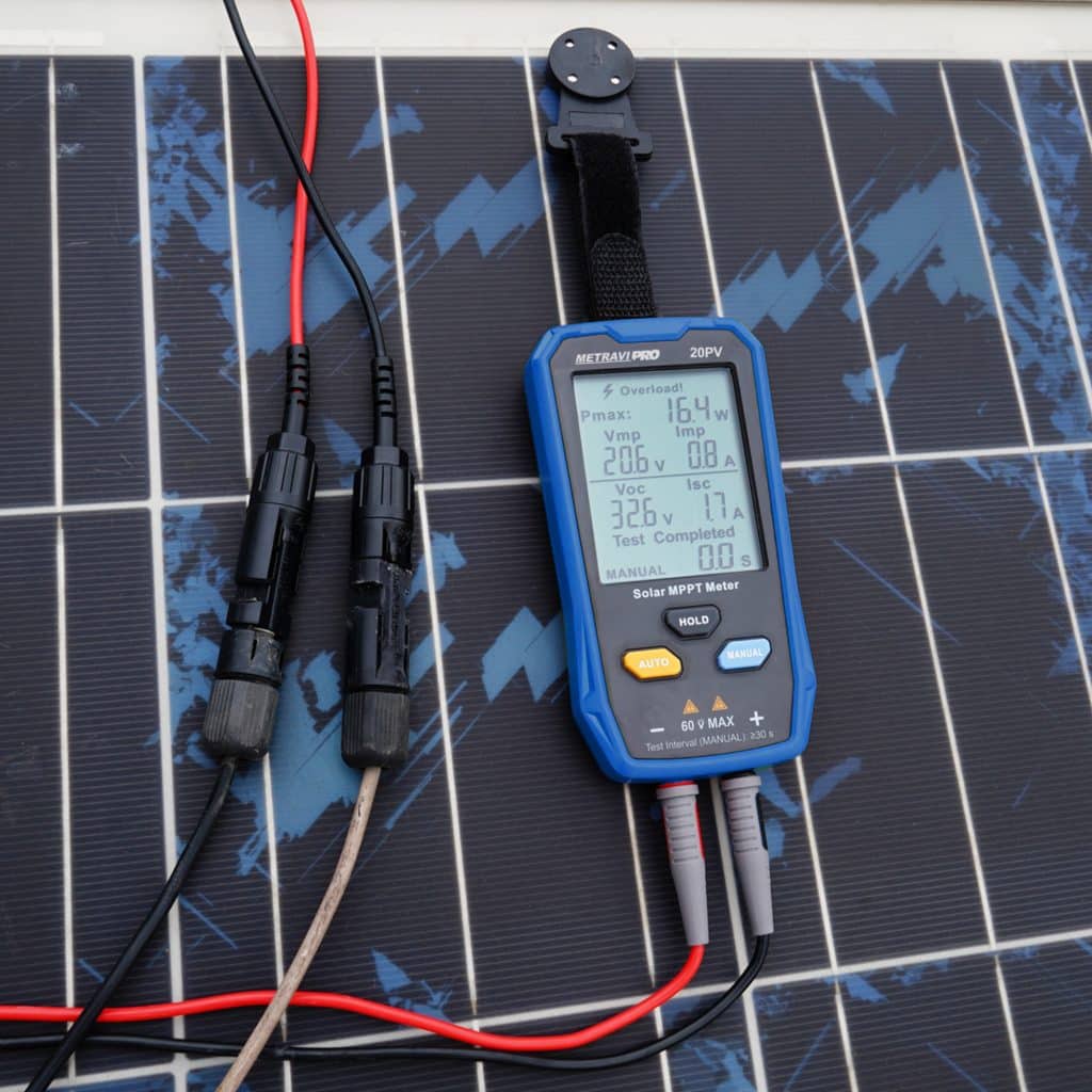 Metravi PRO 20PV Solar MPPT Meter does not require batteries and is powered by the solar panel under test