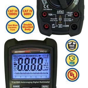 Metravi-PRO-27-Digital-TRMS-Multimeter-with-VFD and Loz is fully protected on all ranges and certified UL, CATIII 600V, CATIV 600V