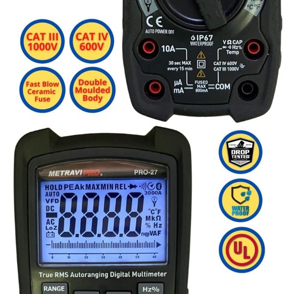Metravi-PRO-27-Digital-TRMS-Multimeter-with-VFD and Loz is fully protected on all ranges and certified UL, CATIII 600V, CATIV 600V