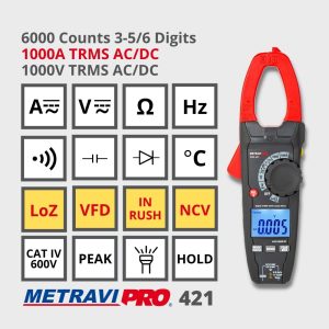 Metravi PRO 421 Digital TRMS ACDC Clamp Meter specifications