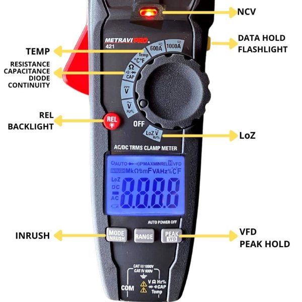 Metravi PRO 421 TRMS ACDC DIGITAL CLAMP METER features and buttons