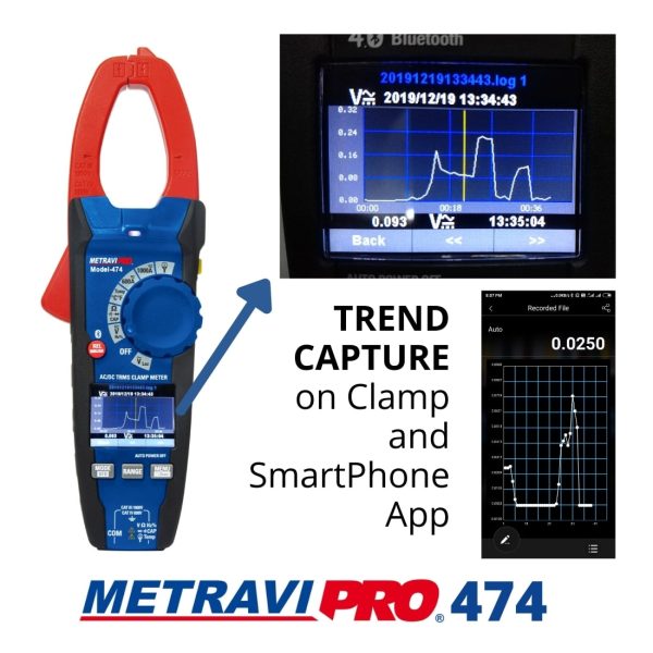 Metravi PRO 474 Digital TRMS AC_DC Professional Clamp Meter has Trend Capture and live measurement is available on Smartphone App