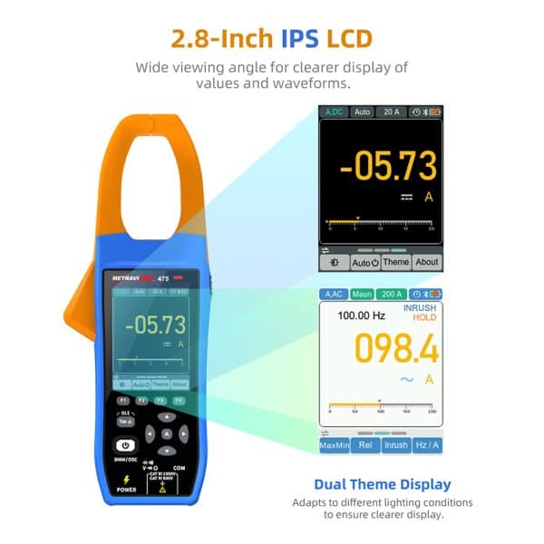 Metravi PRO 475 TRMS AC DC Clamp Meter with Oscilloscope and Data Logger features a Dual Theme Display