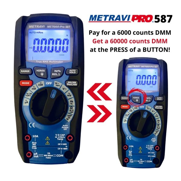 Metravi PRO-587 Digital TRMS Industrial Professional Multimeter goes from 6000 to 60000 counts with just a press of a button