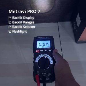 Metravi PRO 7 Digital Auto-ranging Digital TRMS Multimeter features backlit display, ranges, switch and built-in flashlight