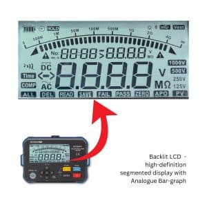 Metravi PRO DIT-960PV Digital Solar Insulation Tester features a backlit LCD having segmented display with Analogue Bar Graph