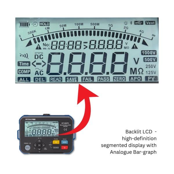 Metravi PRO DIT-960PV Digital Solar Insulation Tester features a backlit LCD having segmented display with Analogue Bar Graph