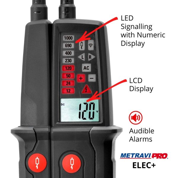 Metravi PRO ELEC+ Voltage Detector and Electrical Tester has three indicators - audible alram, LED Signalling and LCD Display