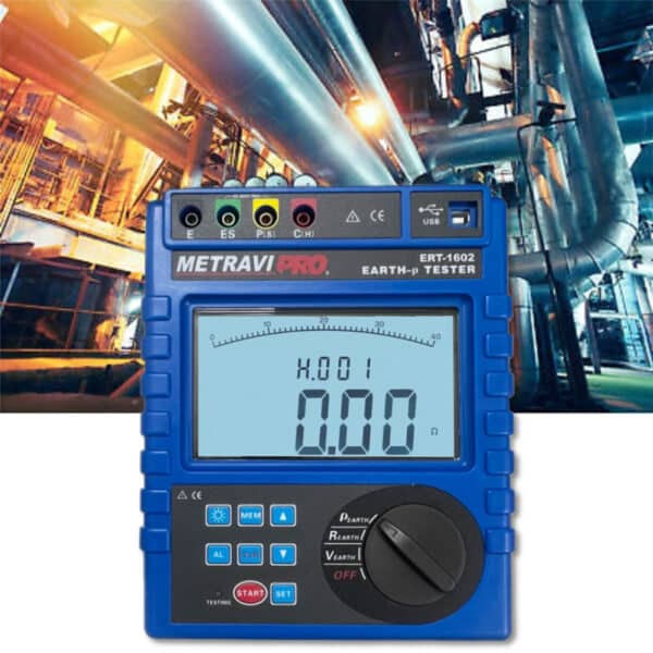 Metravi PRO ERT-1602 Earth Resistance and Soil Resistivity Tester features precision 4-wire, 3-wire and simple 2-wire measurement methods