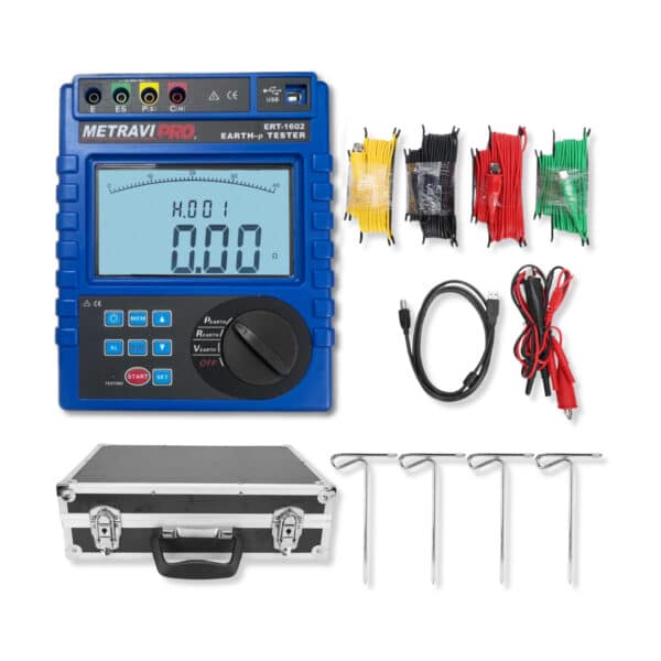 Metravi PRO ERT-1602 Earth Resistance and Soil Resistivity Tester with accessories