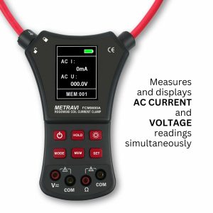 Metravi PRO FCM-900A Flexible Coil AC Current Clamp displays both current and voltage readinmgs on the screen simultaneously
