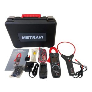 Metravi PRO Solar-3 Digital TRMS ACDC Clamp Meter product kit with flexible clamp, rechargeable battery, K Type thermocouple, test leads, in a hard carrying case.