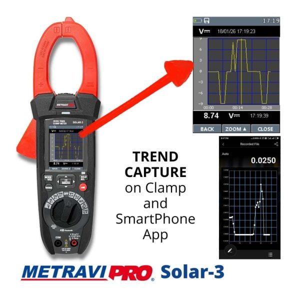 Metravi PRO Solar-3 Digital TRMS ACDC Professional Clamp Meter comes with Bluetooth, free Smartphone App and Trend Capture simultaneously on clamp as well as App