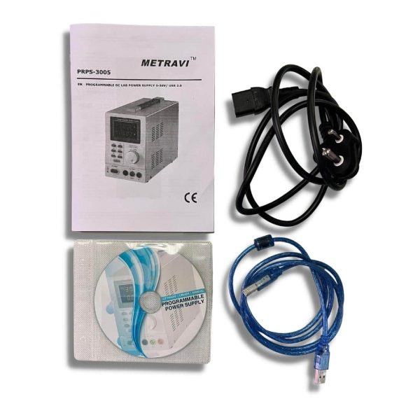 Metravi PRPS-3005 Programmable DC Regulated Power Supply accessories include power adaptor, USB cable, Software CD and User Manual