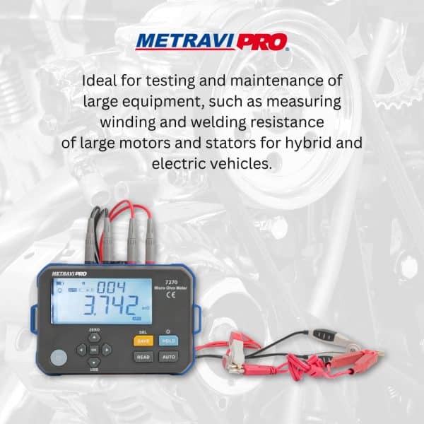 Metravi Pro 7270 1A Micro Ohms Meter is ideal for measuring winding resistance and welding resistance of large motors and EV