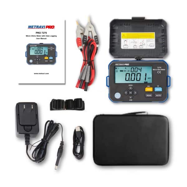 Metravi Pro 7270 1A Micro Ohms Meter product kit & Accessories