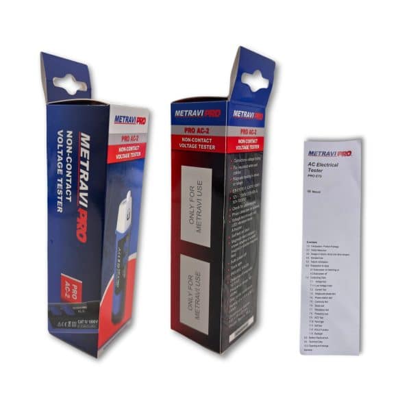 Metravi Pro AC-2 Non-contact Voltage Detector brand box and user manual