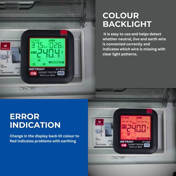 Metravi ST-09B Socket Polarity and Earth Leakage Tester features colour changing back light indicators